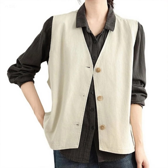 Cotton Vest for Women, Sleeveless V-Neck Button-Front Waistcoat with Natural Texture for Spring & Fall Layering