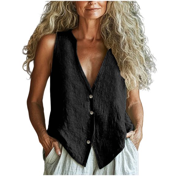 Cotton Vests for Women Plus Size Womens Sleeveless Vest Womens Cotton Linen Summer Vest Travel Lightweight Vest for Women Vintage Fitted Waistcoat Business Style Black L