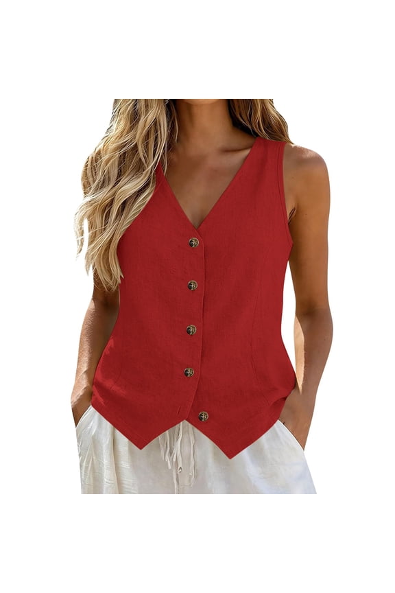 Cotton Vests for Women Womens Outerwear Sleeveless Jacket Vest Linen Sleeveless Tank Tops for Women Business Casual Dressy Vest for Women Red 2XL