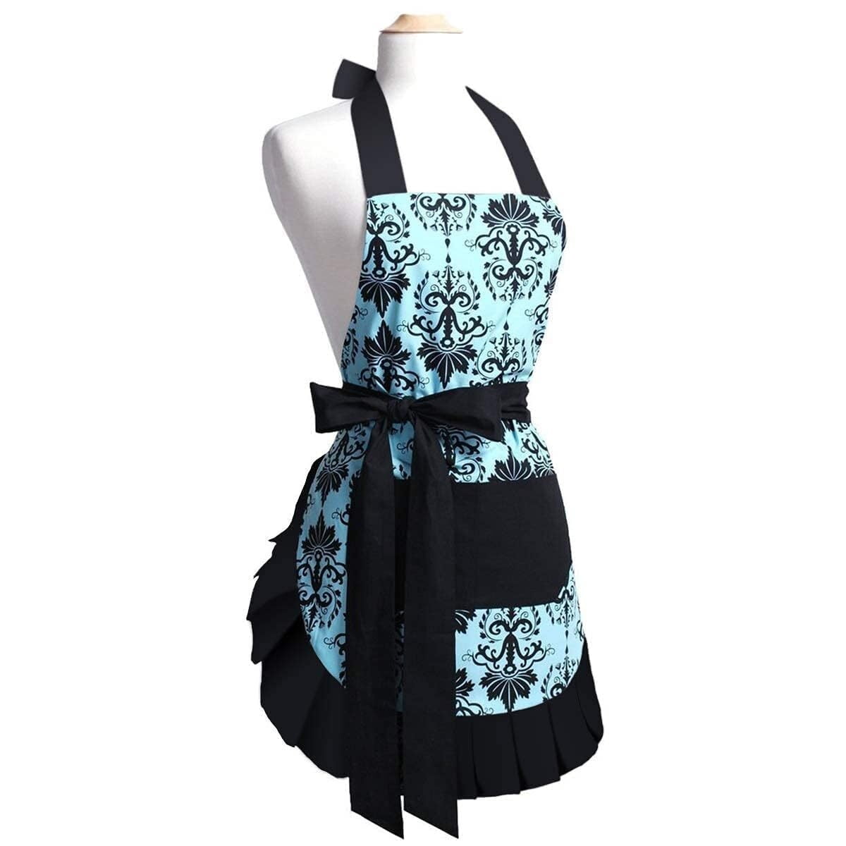 Cotton Vintage Damask Apron For Women, Adjustable Neck & Big Pocket, Blue & Black Cute Ruffle Kitchen & Baking Apron For Christmas Holiday Gift