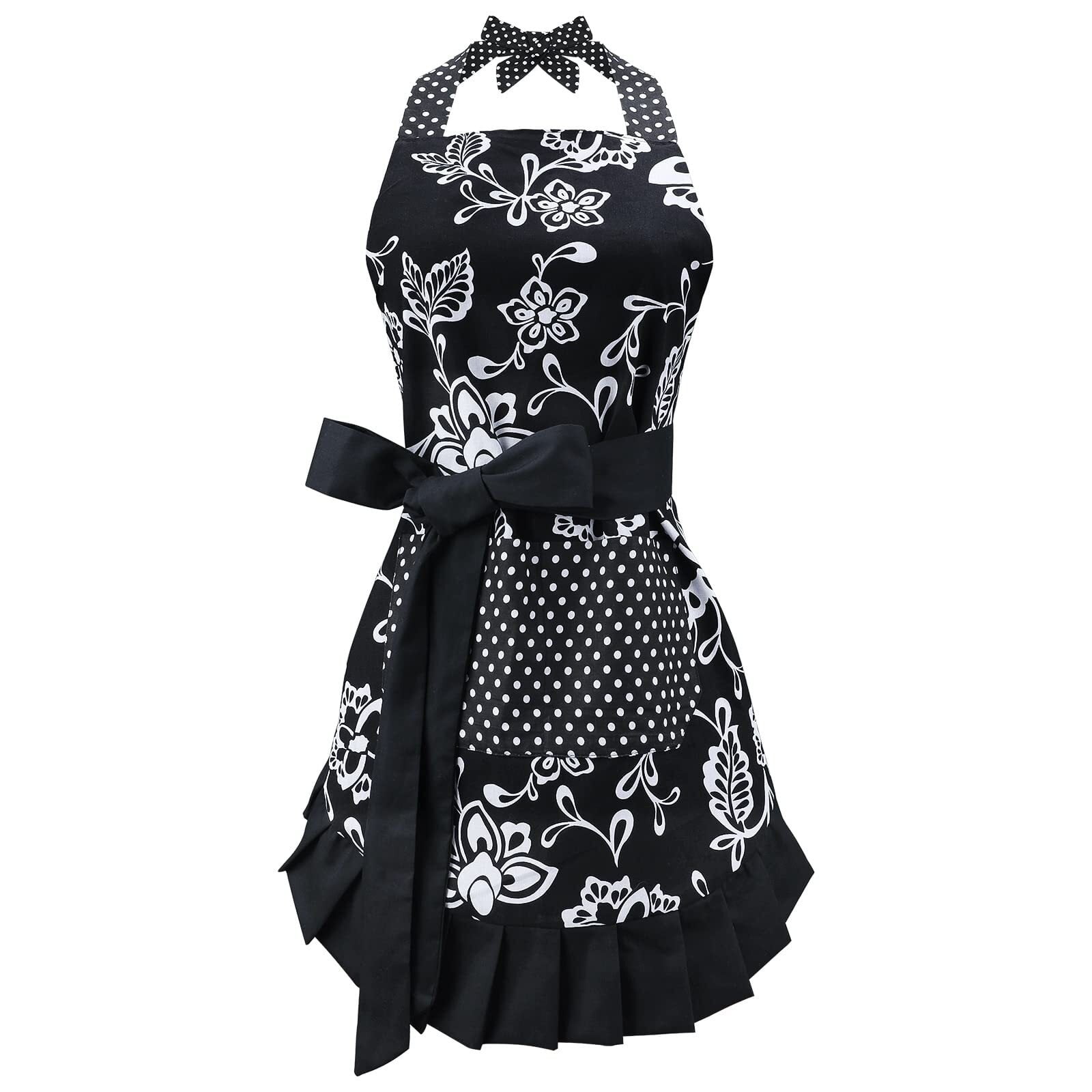 Cotton Vintage Damask Apron For Women, Adjustable Neck & Big Pocket, Blue & Black Cute Ruffle Kitchen & Baking Apron For Christmas Holiday Gift