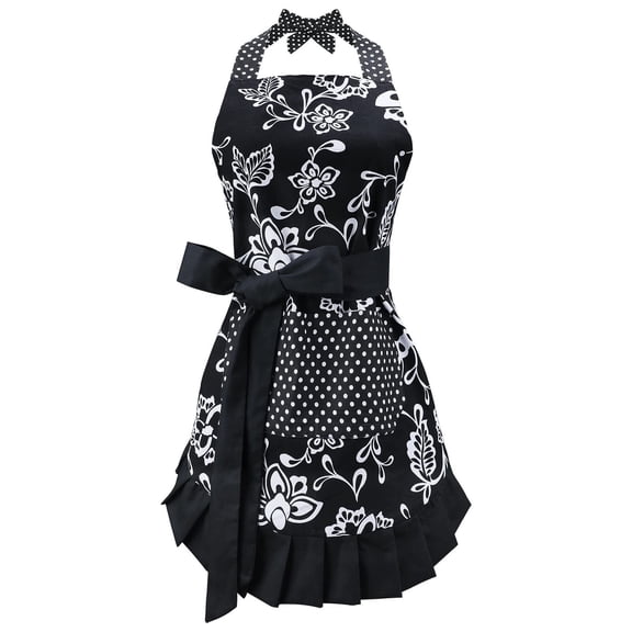 Cotton Vintage Damask Apron For Women, Adjustable Neck & Big Pocket, Blue & Black Cute Ruffle Kitchen & Baking Apron For Christmas Holiday Gift