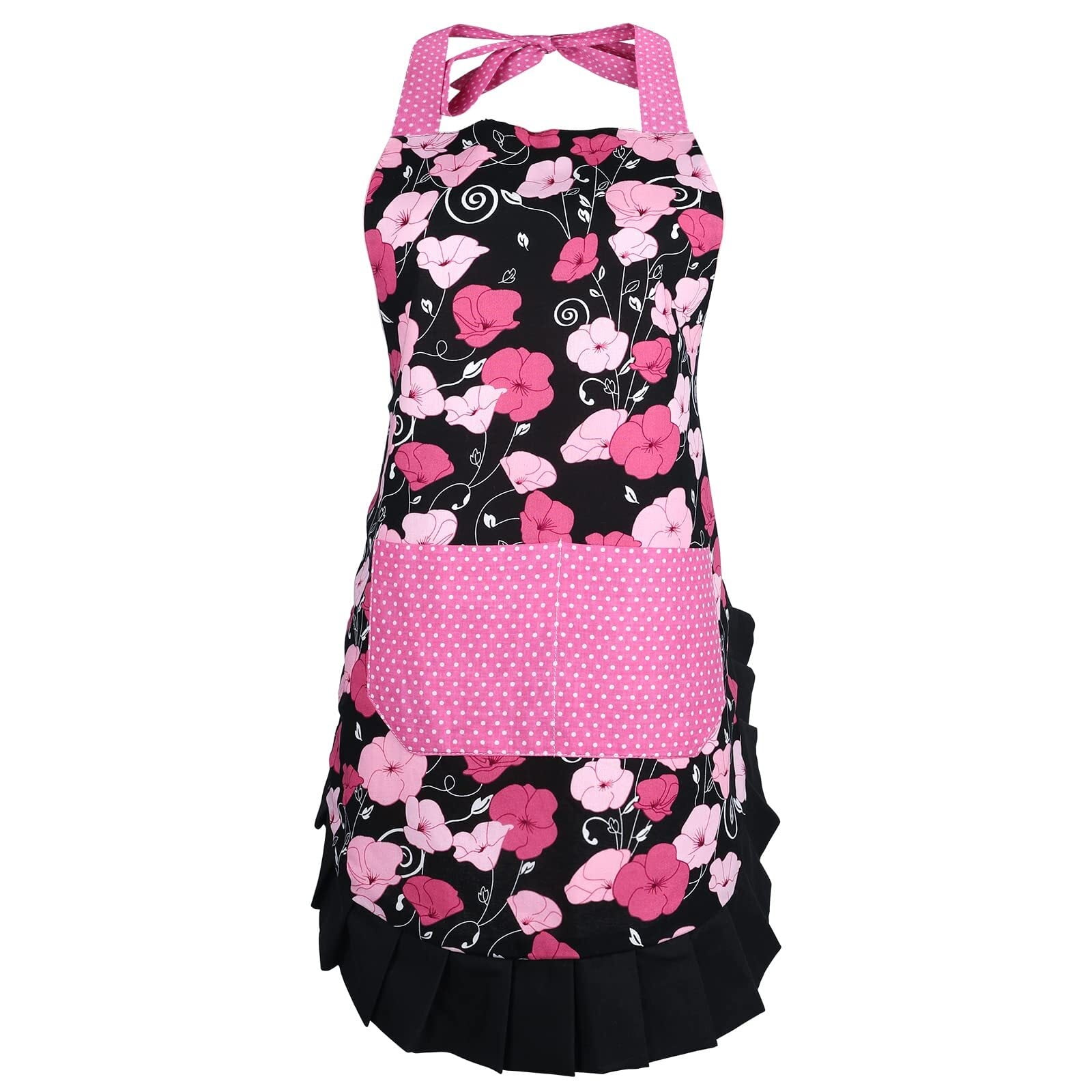 Cotton Vintage Damask Apron For Women, Adjustable Neck & Big Pocket, Blue & Black Cute Ruffle Kitchen & Baking Apron For Christmas Holiday Gift