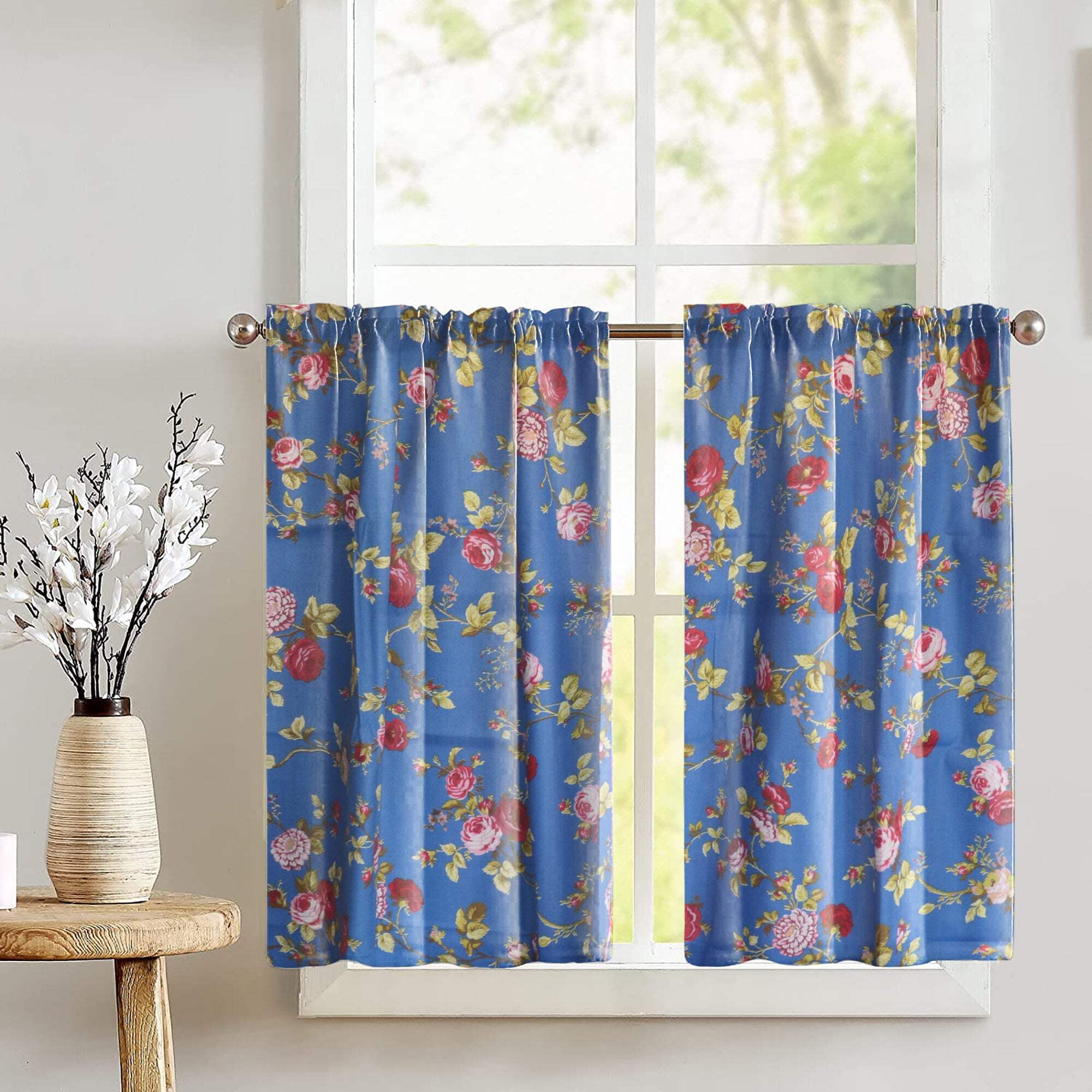 Teal Cotton Floral Sheer Kitchen Tier Curtains