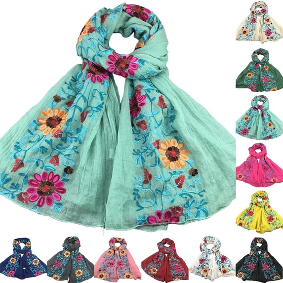 Cotton Vintage Floral Print & Embroidery Scarf Breathable Cotton Wrap for All Seasons