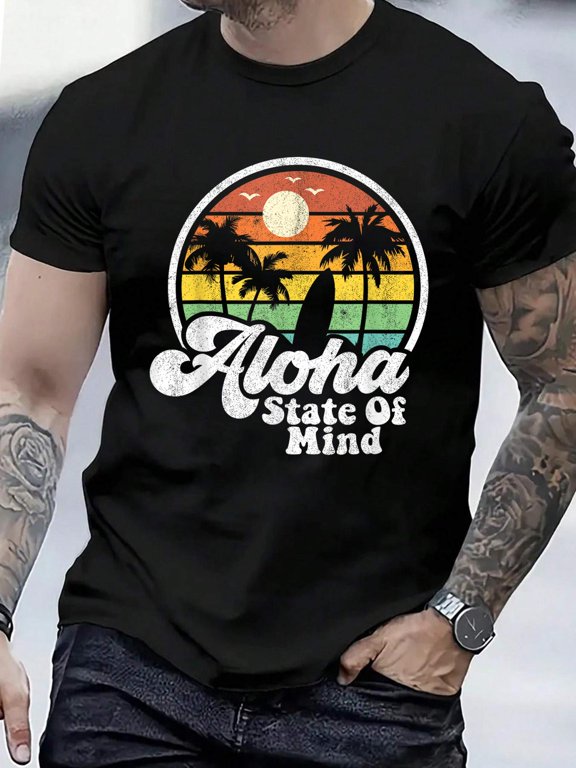 Cotton Vintage Hawaii Aloha State Hawaiian Beach Surfing Surf Gift T-Shirt Men's Graphic Tee,Casual Short Sleeve Shirt