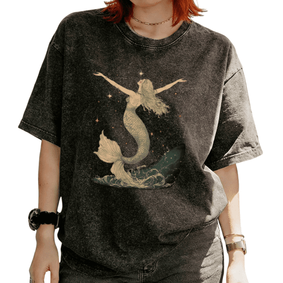 Cotton Vintage Mermaid Starry Ocean Wave Graphic Tees T-shirt Tops daily wear Short Sleeve Black S-2XL Plus Size