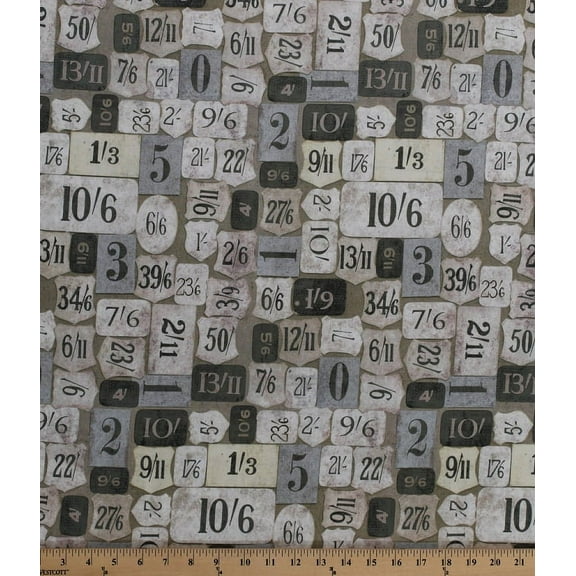 Cotton Vintage Numbers Tags Price Tags Tim Holtz Eclectic Elements Mercantile in Green Cotton Fabric Print by the Yard (PWTH018-8GREE)