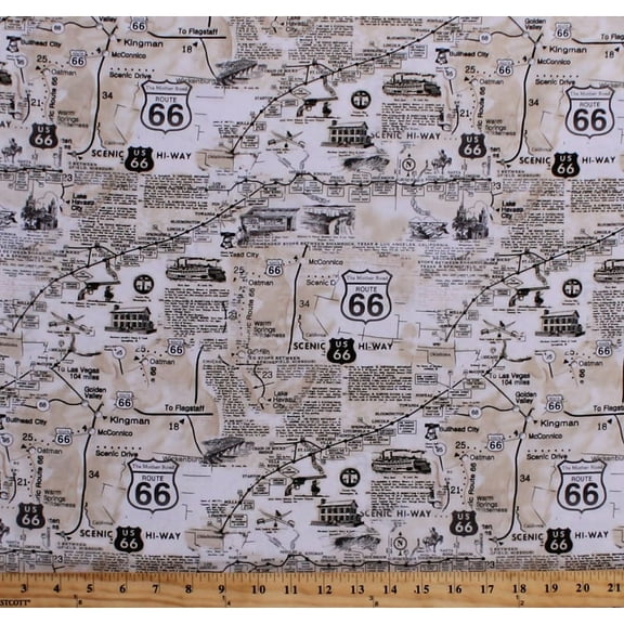 Cotton Vintage Route 66 Map Newspaper Print Road Signs Roads Road Trip Travel Cotton Fabric Print by the Yard (C7529)