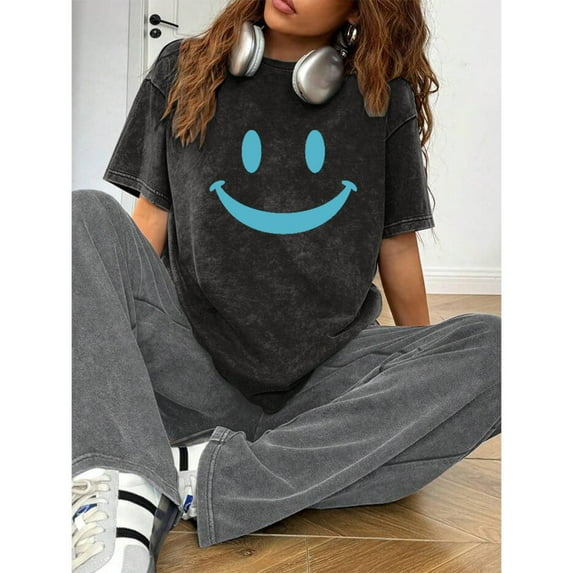 Cotton Vintage Smiley Face Graphic for Wear Tee T Shirt Top Short Sleeve Round Neck Black S-2XL Plus Size