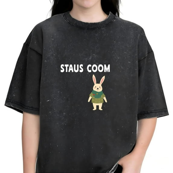 Cotton Vintage Washed Short Sleeve T-Shirt for Women - Distressed Black Tee with Cartoon Rabbit in Green Sweater TATUS COOM ' Text