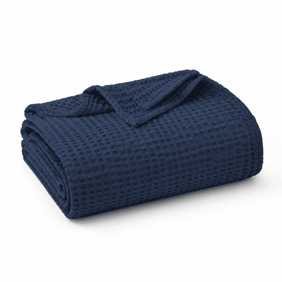 Cotton Waffle Blanket (navy Blue - Size 66 * 90'') Pre-washed And Anti-shrinksoft Lightweight Bed & Couch 380 Gsm Weave Throw For