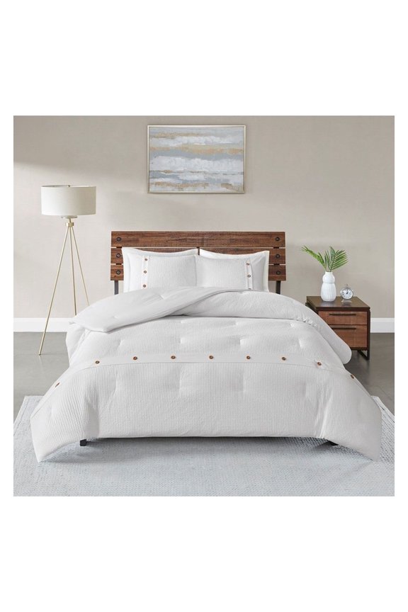 Cotton Waffle Weave Comforter Set - 3 Piece - Full/Queen - 100% Cotton - OEKO-TEX Certified - Decorative Wood Buttons - Bedroom Decor