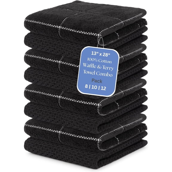 Cotton Waffle Weave & Terry Kitchen Towels Combo - 8 Pack (13x28 Inches) |Ultra Absorbent, Quick Dry Dish Towels & Dish Cloth|Perfect as Dish Rags & Hand Towels|Black/White Stripes & Black