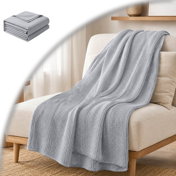 Cotton Waffle Weave Throw Blanket, Soft Lightweight Breathable Cozy Washed, Layer Blanket for Couch Bed Sofa, Farmhouse Home Decor for Adult All-Season