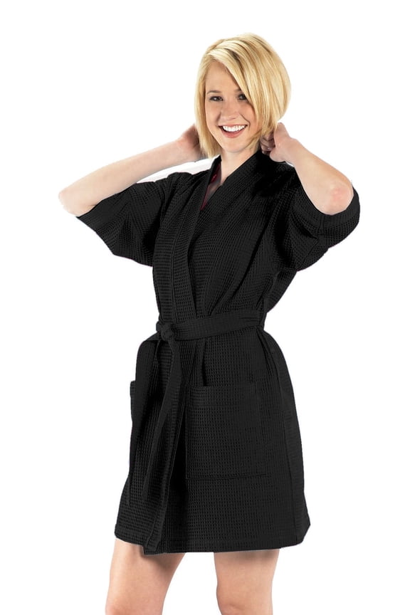Cotton Waffle Womens Kimono Robe, One Size, Black Color