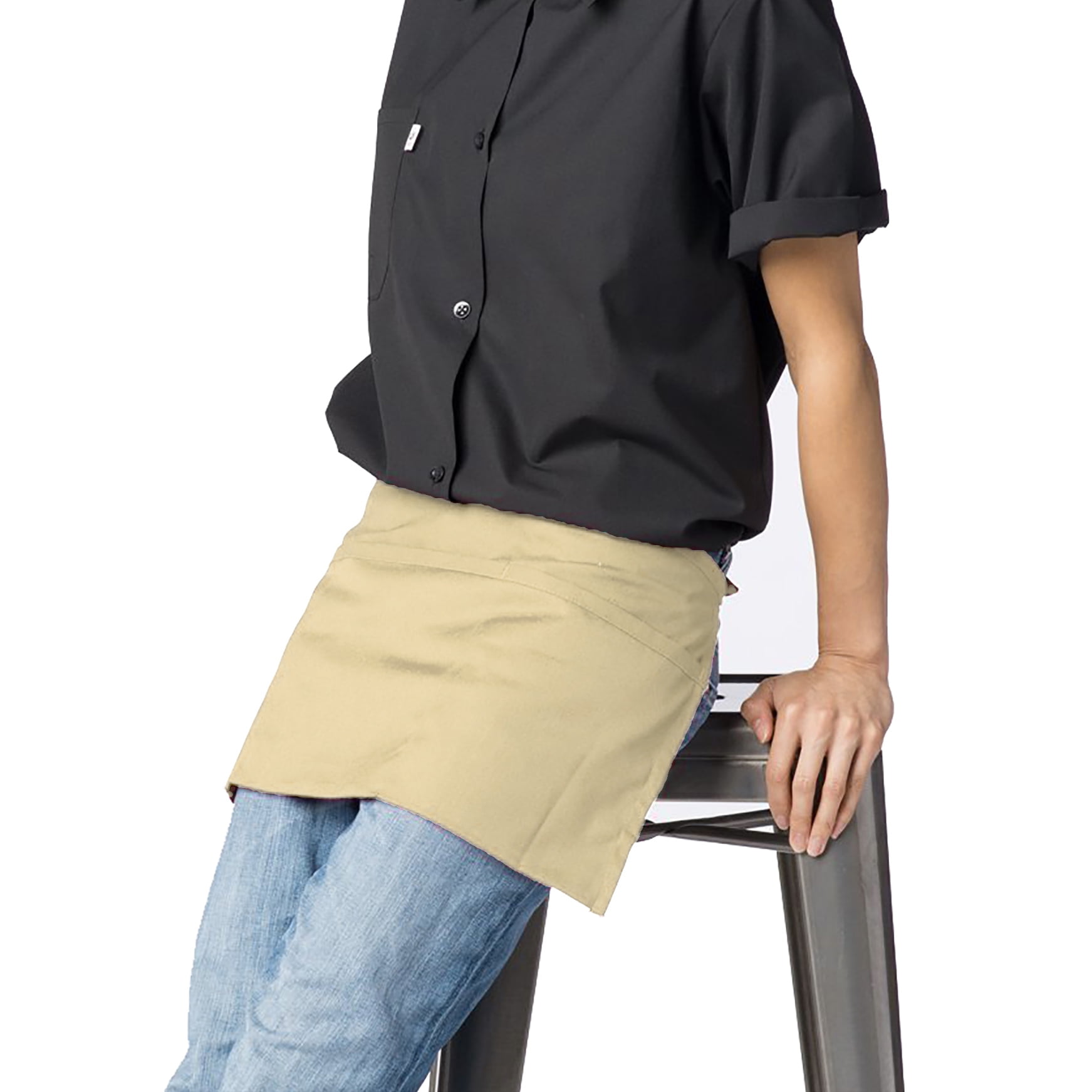 Cotton Waist Apron with 3 Pockets Kitchen Restaurant Bistro Craft Garden Half Short Aprons for Men, Women, Chef, Baker, Servers, Waitress, Waiter, Craftsmen Work Apron Uniform, Khaki