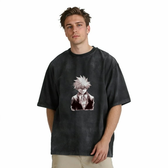 Cotton Wash Short Sleeve Crewneck T - Shirt Bakugou Katsuki