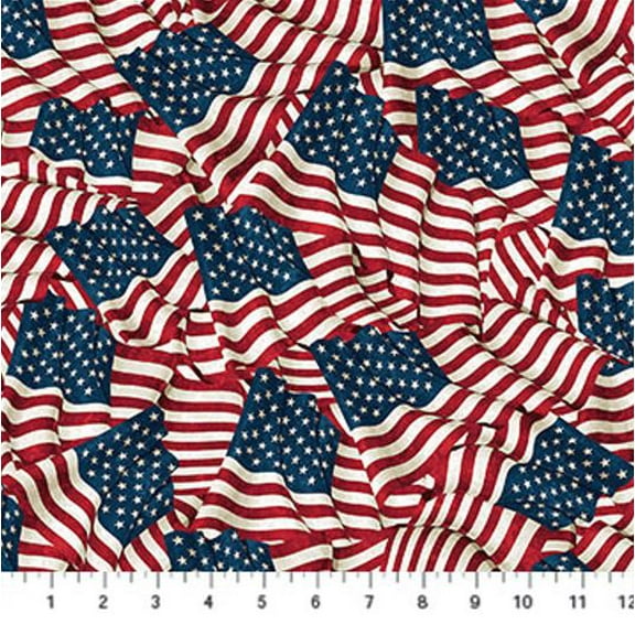 Cotton Waving Flags Usa America Patriotic Stars and Stripes 10th Anniversary Northcott Cotton Fabric Print by the Yard (24284-49)