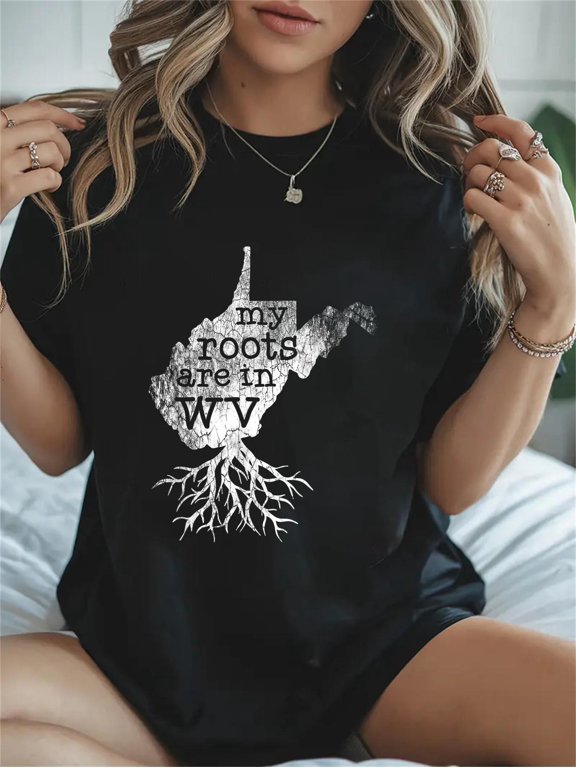Cotton West Virginia Home Roots State Map Casual Graphic Daily T-Shirt