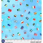 Cotton What a World Flag Toss Flags Countries All Over on Blue P&B Textiles Cotton Fabric Print by the Yard WAWO-05983-BT