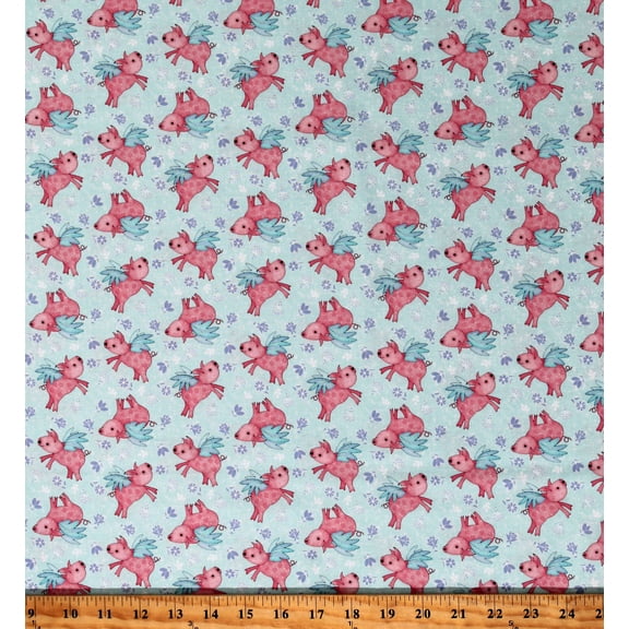 Cotton When Pigs Fly Fantasy Fiction Pig Animals Farms Wings Flowers Floral Blue Cotton Fabric Print by the Yard (2600-30074-Q) Quilting Treasures