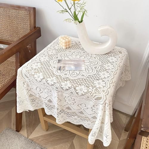 Cotton White Lace Small Square Tablecloth 36 x 36 Inch Embroidered Table Cloth Shabby Chic Wedding Baby Shower Table Cover for Nightstand End Bedside Table Tabletop Decoration(White,36"x36")