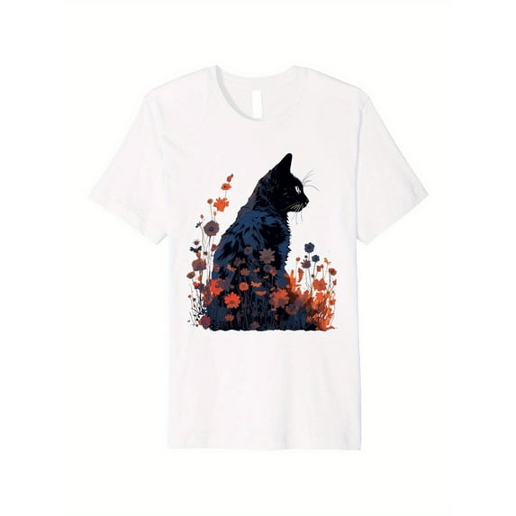 Cotton White Tee Cottagecore Cat Floral Graphic T-Shirt Top Cotton Loose Fit Vibrant Geometric Print Casual S-5XL