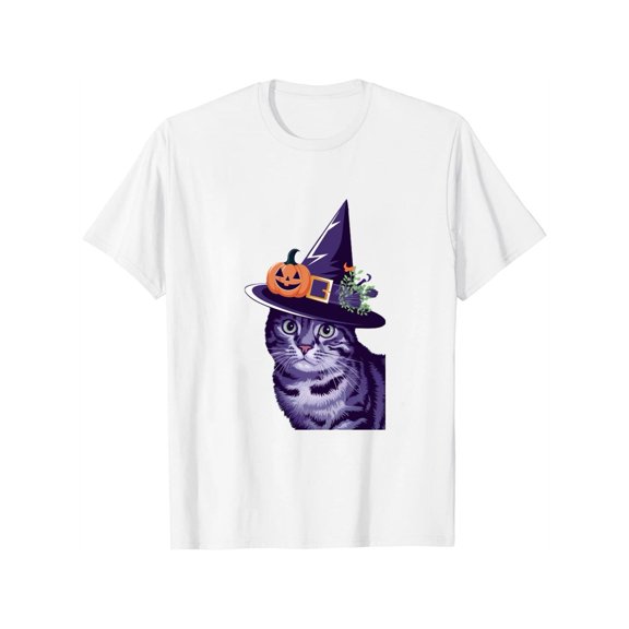 Cotton White Tee Vintage Halloween Cat Graphic Round Neck Soft Breathable Regular Fit T-Shirt S-5XL