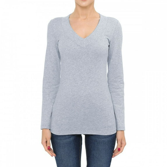 Cotton Wide Deep V-Neck Long Sleeve Casual Tee Shirt S-3X