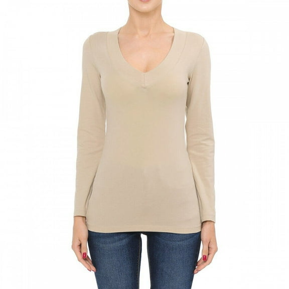 Cotton Wide Deep V-Neck Long Sleeve Casual Tee Shirt S-3X