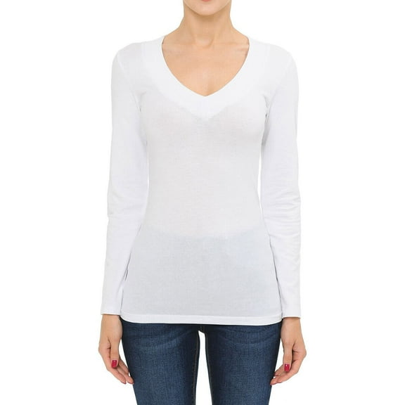 Cotton Wide Deep V-Neck Long Sleeve Casual Tee Shirt S-3X