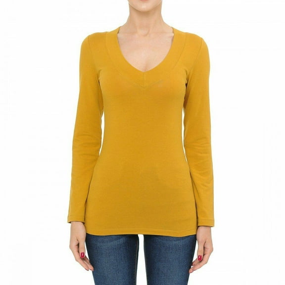 Cotton Wide Deep V-Neck Long Sleeve Casual Tee Shirt S-3X