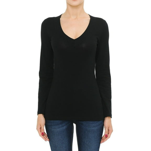 Cotton Wide Deep V-Neck Long Sleeve Casual Tee Shirt S-3X