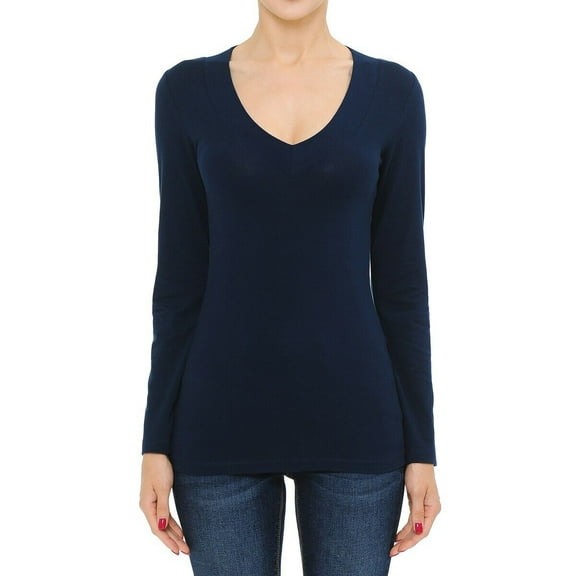 Cotton Wide Deep V-Neck Long Sleeve Casual Tee Shirt S-3X