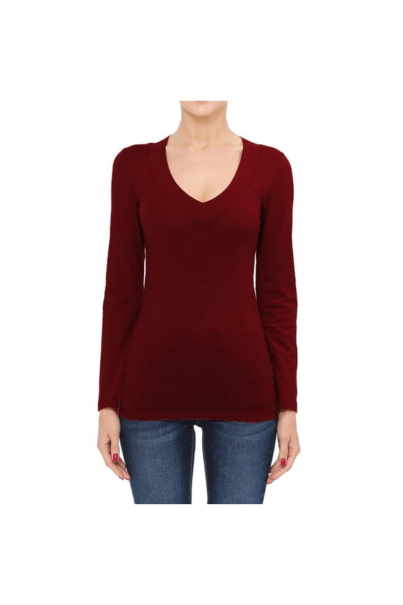 Cotton Wide Deep V-Neck Long Sleeve Casual Tee Shirt S-3X