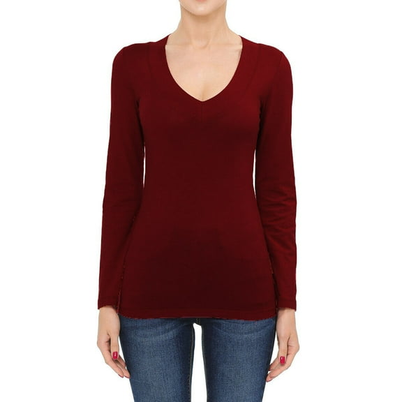 Cotton Wide Deep V-Neck Long Sleeve Casual Tee Shirt S-3X