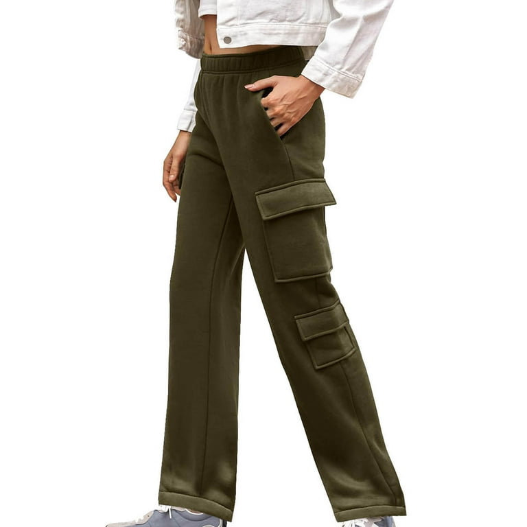 Cotton Wide Leg Cargo Sweatpants for Women with Pockets Elastic High Waist Open Bottom Sports Casual Joggers Pants Large Army Green