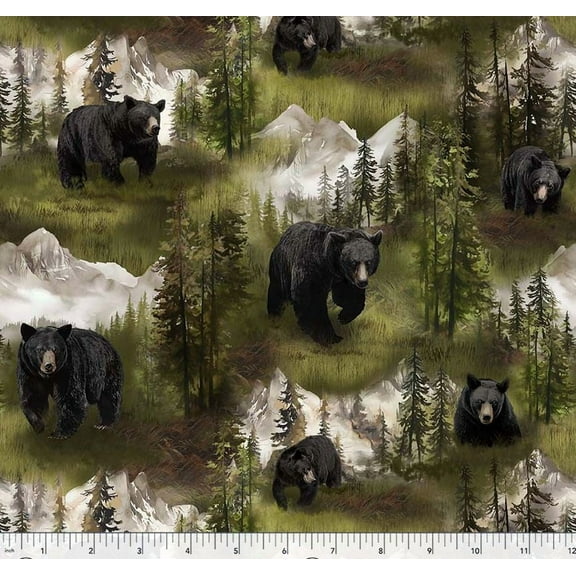 Cotton Wild Animals Black Bear Wildlife Mountains Trees Landscape Windham Fabrics Cotton Fabric Print by the Yard (55025D-1)