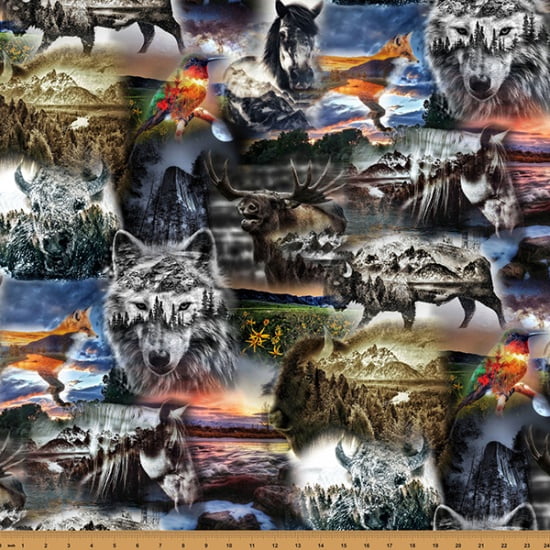 Cotton Wild Animals Creatures Nature Bison Wolves Moose Horses Birds Landscapes Collage Cotton Fabric Print by the Yard (V5290-112-DAWN)