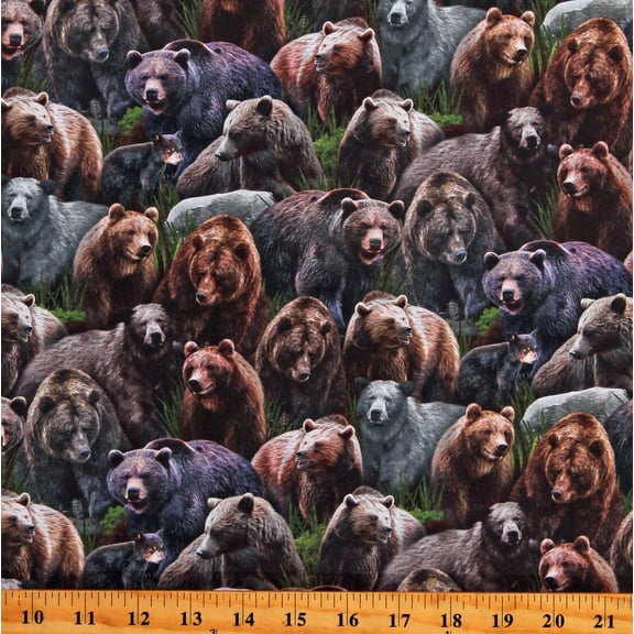 Cotton Wilderness Bears Animals Cubs Woodland Creatures Grass Brown Cotton Fabric Print by the Yard (A597411)