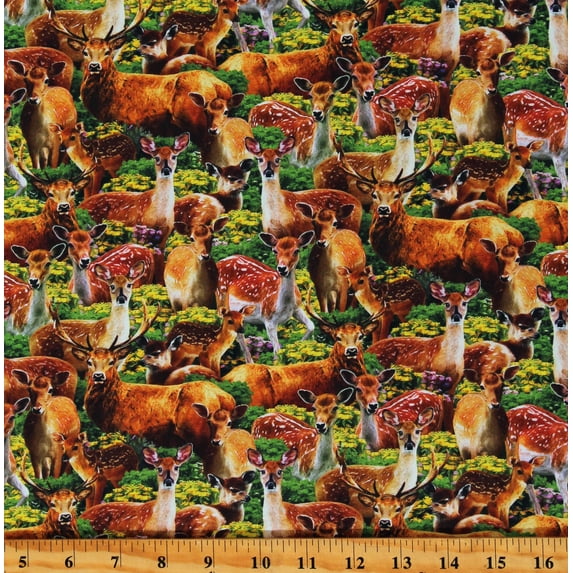 Cotton Wilderness Stacked Deer Fawns Does Animals Woodland Creatures Woods Forest Fields Flowers Multicolor Cotton Fabric Print by the Yard (A597381)
