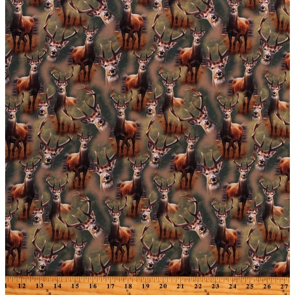 Cotton Wildlife White Tail Deer Allover Animals Nature Multicolor Cotton Fabric Print by the Yard (133146)