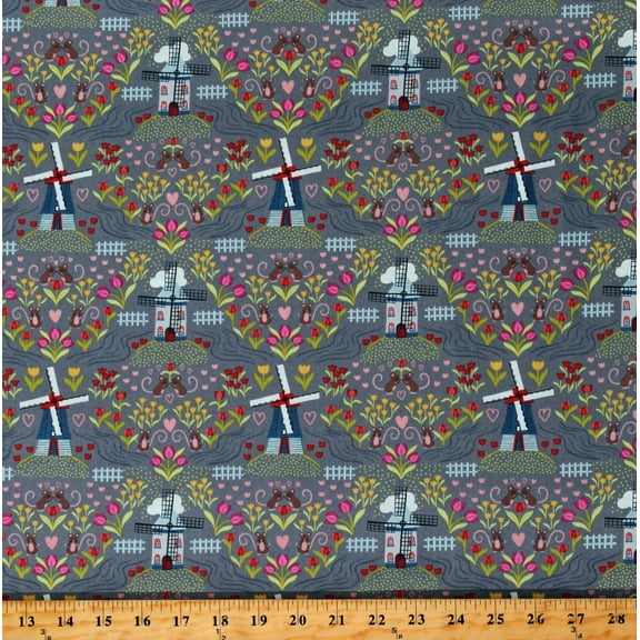 Cotton Windmills Dutch Tulips Mice on Light Grey Slate Lewis and Irene Cotton Fabric Print by the Yard (A458.3)