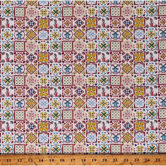 Cotton Windmills Tulips Dutch Tiles Holland Windmill Whimsy White Cotton Fabric Print by the Yard (2600-30182-X)