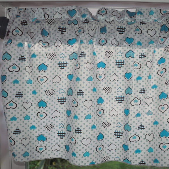 Cotton Window Valance Floral Print 58 Inch Wide Hearts and Dots Blue