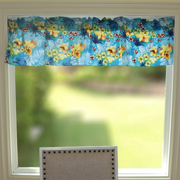 Cotton Window Valance Floral Print 58 Inch Wide Tropical Hawaiian Aqua