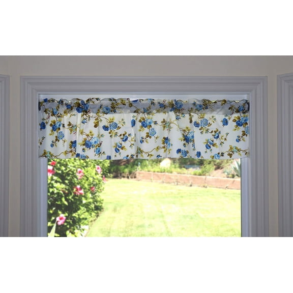 Cotton Window Valance Floral Print 58 Inch Wide Vintage Floral Large Roses Blue on White
