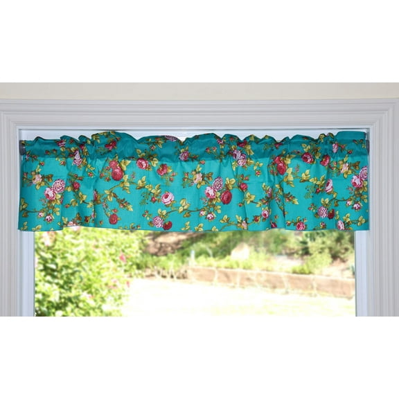 Cotton Window Valance Floral Print 58 Inch Wide Vintage Floral Large Roses Teal