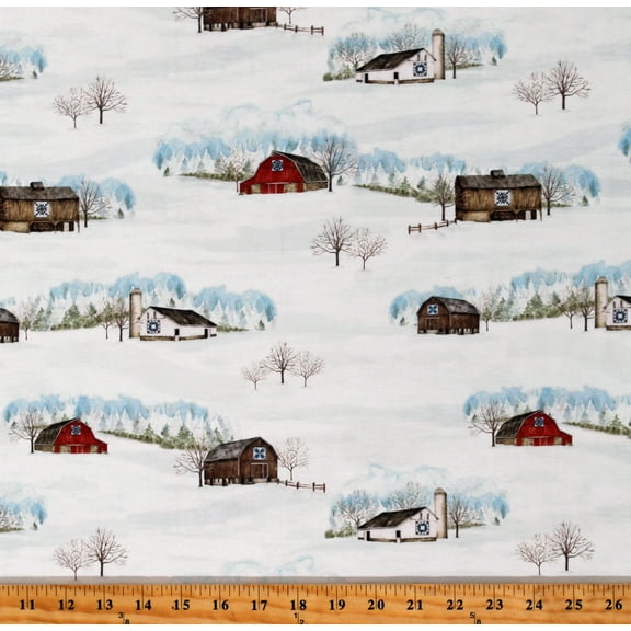 Cotton Winter Barn Quilts Barns Snowy Country Landscape Scenic White Cotton Fabric Print by the Yard (CD12080-Parchment)